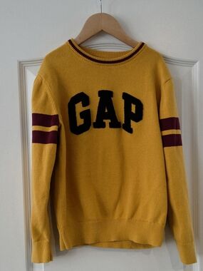 GAP Mustard Yellow Crewneck Sweater with Maroon Stripes Size L (10) Kids